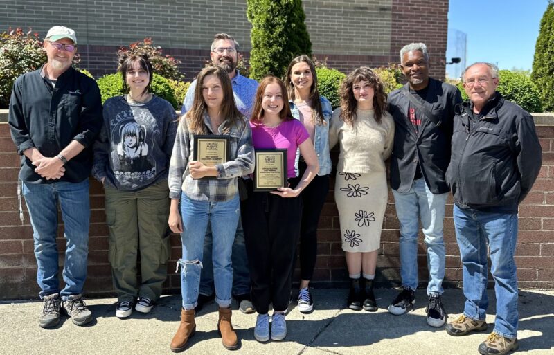 College Movie Festival participants (from left, back row) Dave Killen (AVP Program Chair), Shelby McFerron, Sam Watson, Carly Hellmann, Anna Mairose, tt stern-enzi (Artistic Director, OTR International Film Festival), Tom Barrett (front row) Carly Baker, Emma Clark