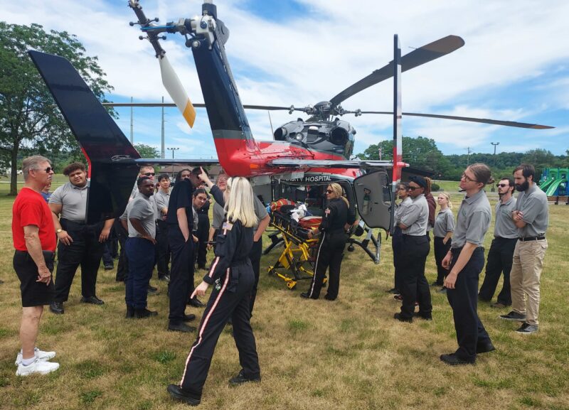 EMT students learned about the UC Air Care helicopter service