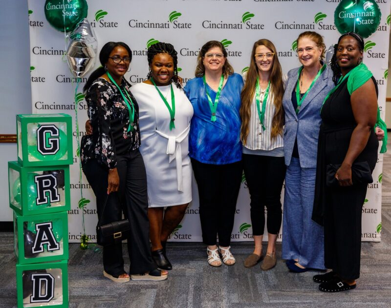 Cincinnati State first graduates of BSN program: Marthe Ndachi, Mariah Shephard, Colleen Lucas, Cory Thiel, Debra Morris, Beth Cornelius