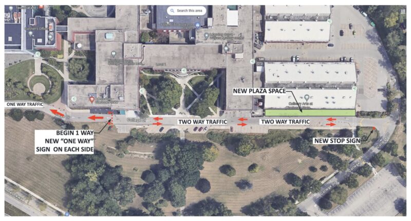 Map showing portions of College Drive that now support 2-way traffic