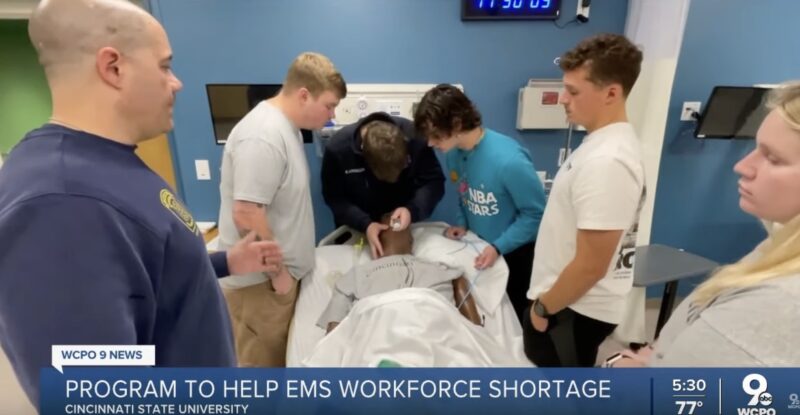 EMT students practice their skills in the Health Simulation Lab