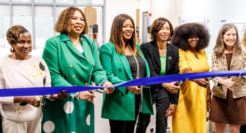 Nursing Program Chair Dr. Janice Lockett, Commissioner Stephanie Dumas, Commission President Alicia Reece, President Posey, Nursing student Damilola Faneti, and Commission Vice President Denise Driehaus