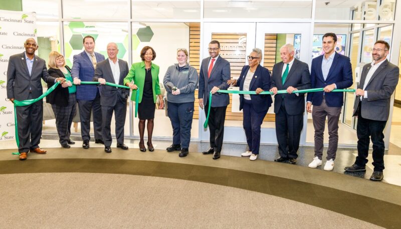 SIM Lab ribbon-cutting participants: Cecil Thomas (State Representative), Dr. Bonnie Smith (Dean, Health & Public Safety), Jason Asic, '04 (CEO, Mercy West Hospital & member, Cincinnati State Foundation Board & Alumni Board), George Vincent (Cincinnati State Trustee), Dr. Monica Posey (President), Cailey Duckworth (EMT/Paramedic student), Sedrick Denson (State Representative), Catherine Ingram (State Senator), Gary Cates (Senior Vice Chancellor, Ohio Department of Higher Education), Dani Isaacsohn (State Representative), Robbin Hoopes (Provost)