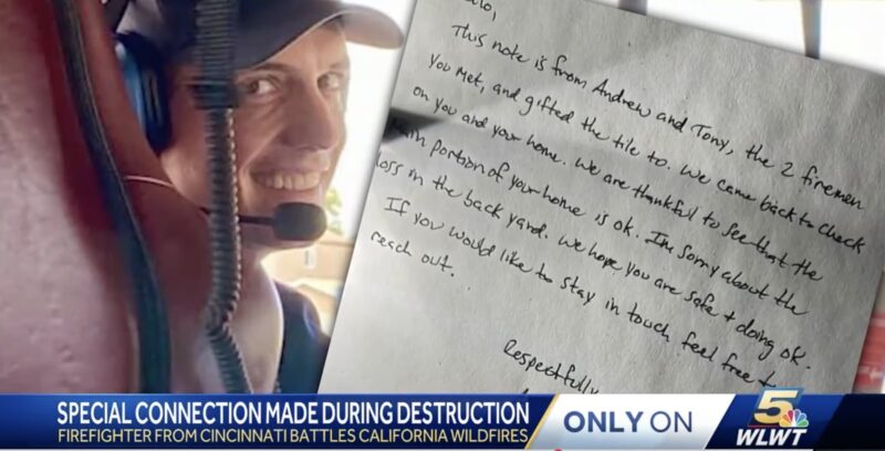 Firefighter Andrew Mott and the letter he left for a couple whose home was saved