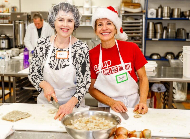 Faculty members Heather Hatchett and Jayne Dressing prepared ingredients for soup